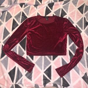 wine red colored rib long sleeve velvet crop top